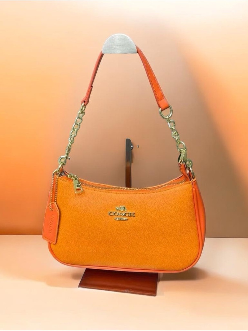 Coach Orange Pebbled Leather Mini Shoulder Bag with Gold Chain